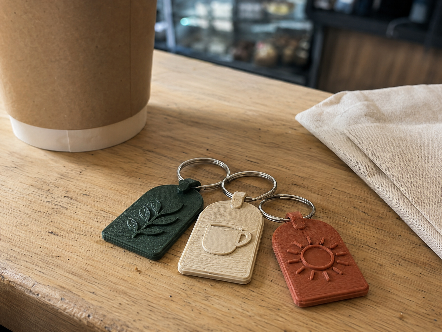 Small branded café keychains photographed on a counter