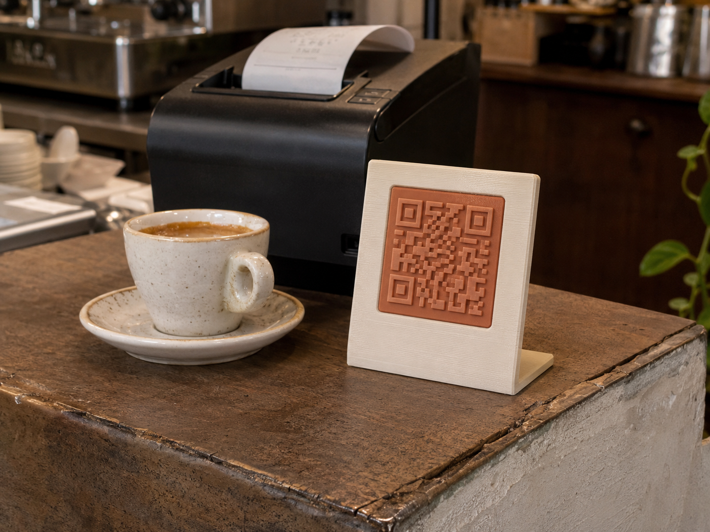 Small 3D-printed QR stand on a real café counter